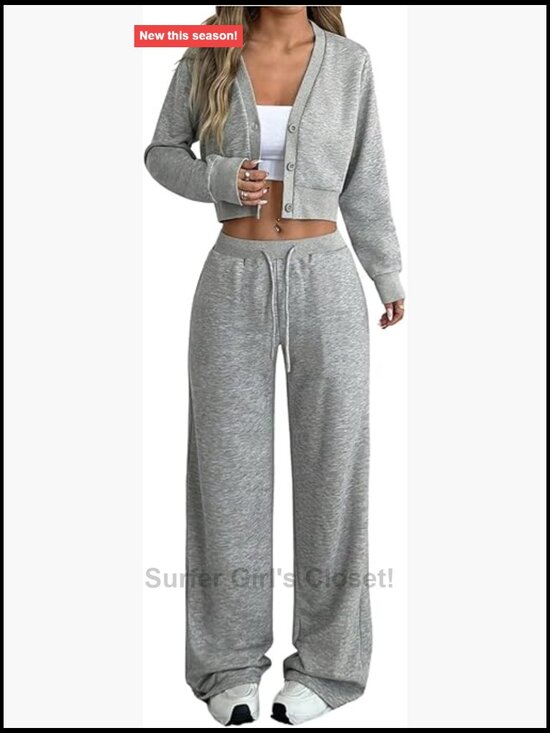 Pants - Women's Sweatsuit Set with Long Sleeve Button Down Crop Top and Straight Pants